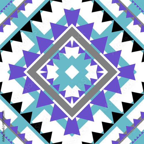 Modern tribal-inspired geometric seamless pattern featuring layered diamond shapes and bold triangle motifs in teal, purple, black and grey tones. Perfect for textile prints, fabric design, wallpapers