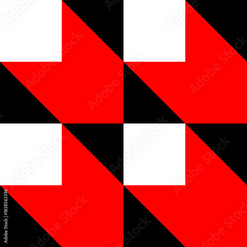 Bold geometric seamless pattern featuring diagonal arrow shapes and block forms in striking red, black and white colors. This modern abstract design is ideal for graphic backgrounds, textile prints, p