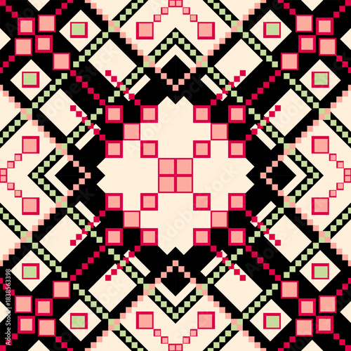 Intricate ethnic-inspired geometric seamless pattern featuring pixel-style diamond motifs and decorative square elements in pink, black, cream and light green tones. Ideal for textile prints, fabric 