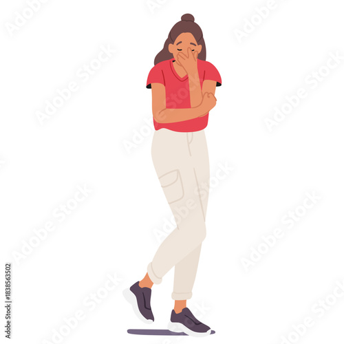 Teenage girl cartoon character playing expressive dramatic role crying with with sorrow and grief