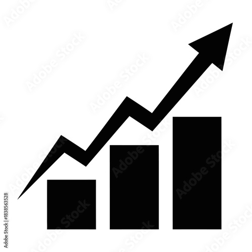Black and white business growth graph icon showing increasing bar chart data with an upward trending line and arrow, symbolizing success, profit, and financial achievement.