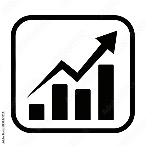 Black and white business growth graph icon showing increasing bar chart data with an upward trending line and arrow, symbolizing success, profit, and financial achievement.