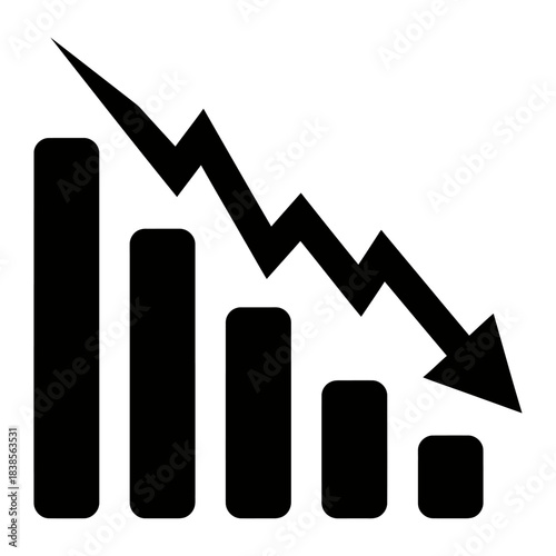 Black and white bar chart graph showing a sharp financial decline or business loss, symbolized by a downward lightning arrow, representing crisis and recession