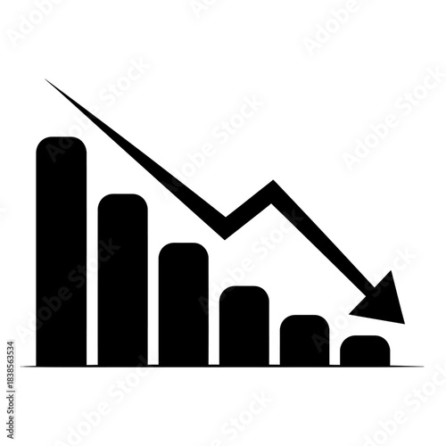Black and white bar chart graph showing a sharp financial decline or business loss, symbolized by a downward lightning arrow, representing crisis and recession