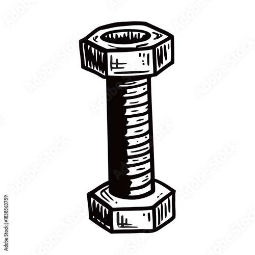 A versatile set of hex bolt illustrations, featuring both a modern flat gray vector design and a detailed vintage black and white sketch, symbolizing industrial engineering, mechanical connection, and
