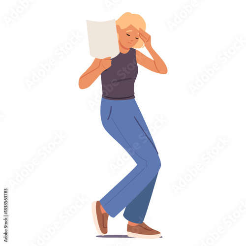 Young woman cartoon character playing drama character portrayal role isolated on white background