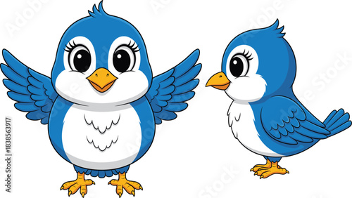 Set of Cute Little Blue Bird Cartoon Character Vector Illustration with Big Eyes for Kids Decor or Nature Mascot Design.