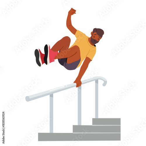 Adult athlete cartoon character jumping over iron stair railings while practicing street parkour