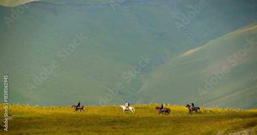 Horse riders on green mountain valley in summer