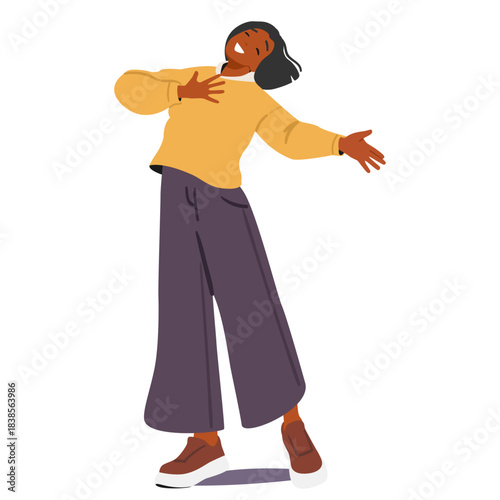 Young woman cartoon character playing happy inspiration at theatrical class isolated on white