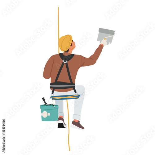 Industrial climber cartoon character painting walls of high-rise building isolated on white