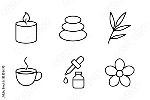 Relaxation and wellness line icons for spa, aromatherapy, and self-care branding. Ideal for beauty, natural products, and holistic lifestyle design. Vector illustration