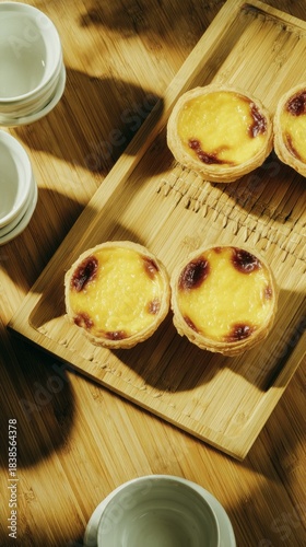 Egg tarts on a wooden tray with small plates in a warm kitchen setting during mid-morning