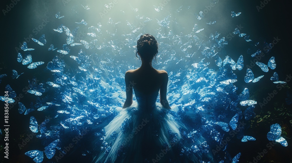 Fototapeta premium A woman in a flowing dress is surrounded by a mesmerizing field of glowing blue butterflies, evoking a peaceful and magical atmosphere. Ethereal, serene, and dreamlike.