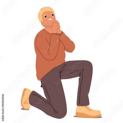 Man character kneeling in praying position playing role at drama theatre class isolated on white