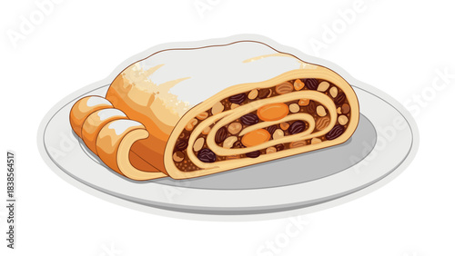 Pixel Art Slice of Nut and Fruit Filled Strudel Pastry Topped with Powdered Sugar on a White Plate