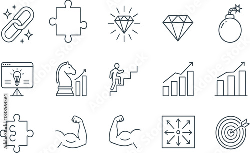 Outline Vector Icon Set for Business Strategy Achievement Strength Success Growth and Problem Solving Concepts.