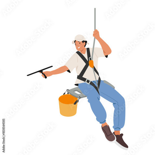 Professional high-rise window cleaner male cartoon character performing city job role skillfully