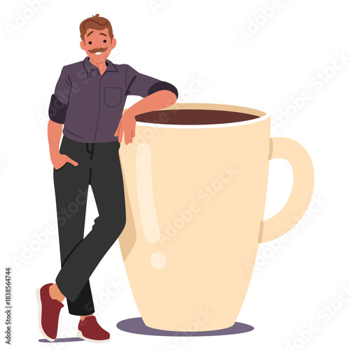 Trendy fashion mature man cartoon character standing nearby huge coffee cup with aroma drink