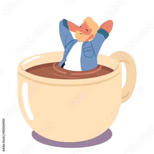 Happy smiling man cartoon character inside huge coffee cup feeling relaxed and comfort pure bliss