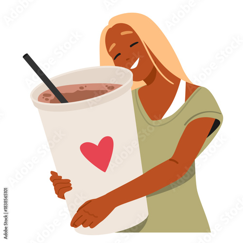 Cheerful pretty woman hugging tenderly huge takeaway cup of coffee with straw isolated on white