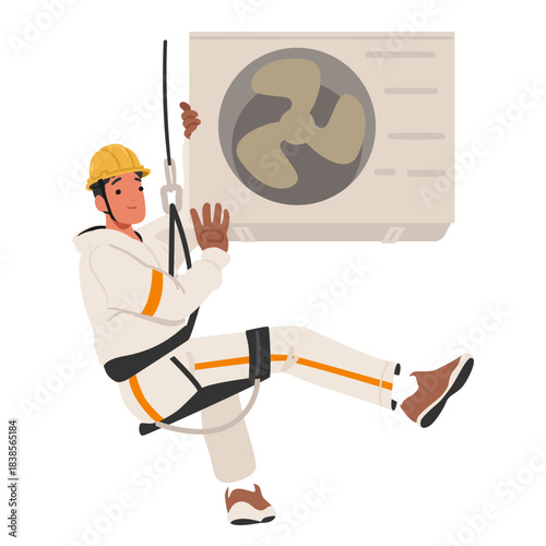 Industrial climber air conditioning service technician cartoon character performing high-access work
