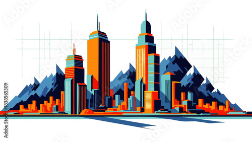 A vibrant, modern cityscape illustration featuring towering skyscrapers against a backdrop of abstract geometric mountains, showcasing urban development and architectural design.