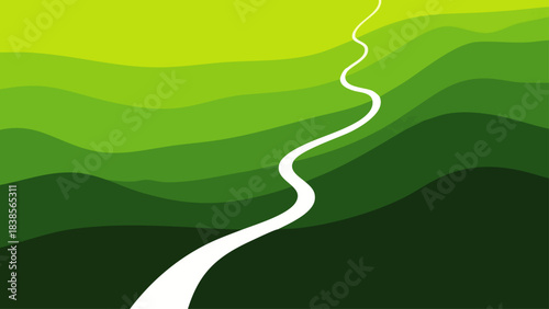 A winding white path flows through abstract green rolling hills, symbolizing journey and nature's beauty.