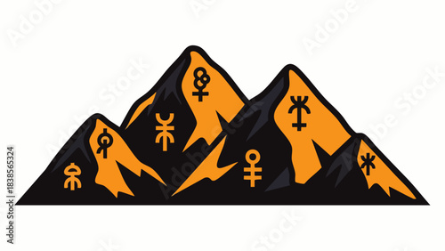 Mysterious ancient symbols adorn the rugged peaks of a stylized mountain range against a stark background.