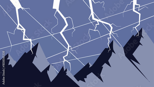 Dramatic lightning strikes illuminate jagged mountain peaks under a dark stormy sky.