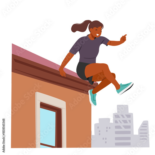 Young girl athlete cartoon character jumping off house rooftop challenging parkour workout scene
