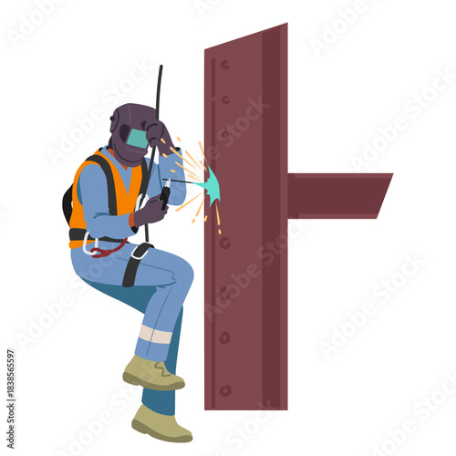 Industrial worker welder male cartoon character in full protective gear working suspended by rope