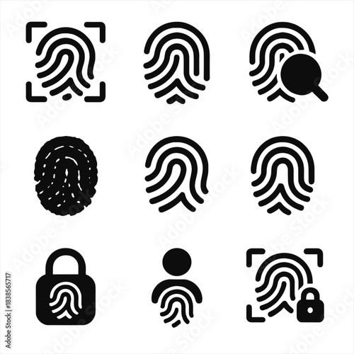 Fingerprint icons set: identification, security, and biometric technology symbols