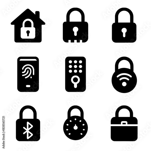 Security icons collection: padlock, fingerprint, biometric, and smart lock designs