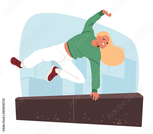 Young teenage girl cartoon character jumping over obstacles enjoying extreme parkour city sport