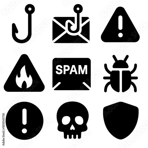 Cybersecurity warning icons: email, phishing, and spam alert symbols