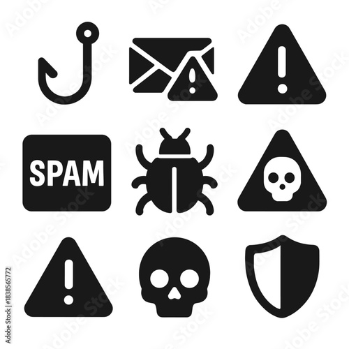 Cybersecurity threat icons: phishing, malware, spam, warning, shield