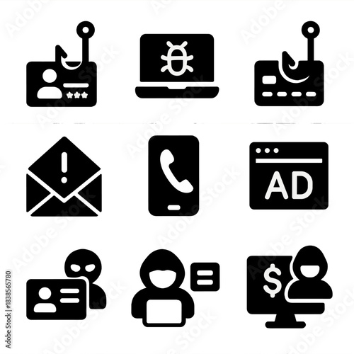 Cybersecurity icons: phishing, malware, email alerts, identity theft, online fraud