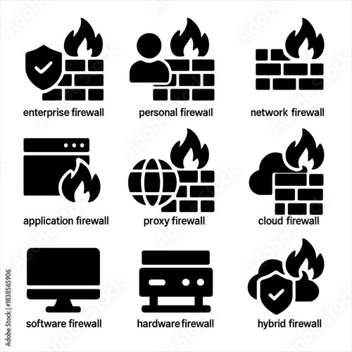 Various types of firewall icons highlighting cybersecurity measures