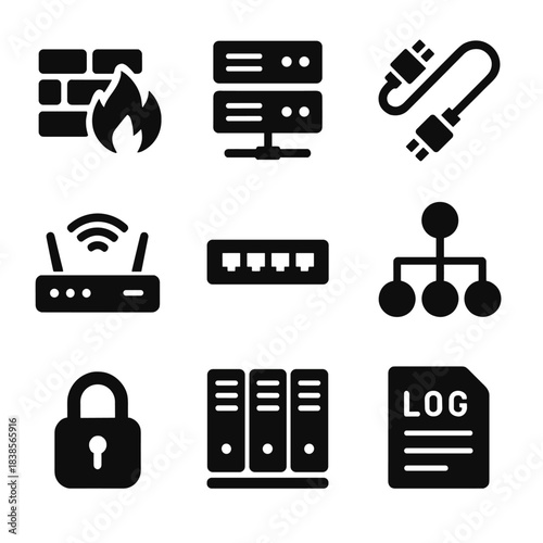 Cybersecurity icons: network, firewall, encryption, router, data, lock