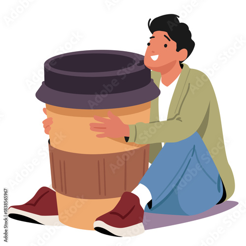 Smiling glad man cartoon character hugging huge takeaway cup of coffee isolated on white background