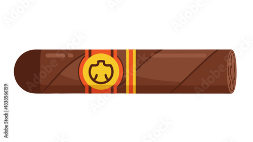 Premium Hand Rolled Cigar With Distinctive Band Featuring A Stylized Emblem And Warm Lighting On A Dark Background Showing Tobacco Leaf Texture And Rich Brown Hues