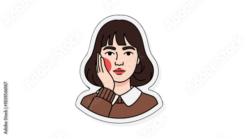 Portrait of a young woman with short brown hair and a brown sweater touching her cheek with a blush on a black background simple illustration style