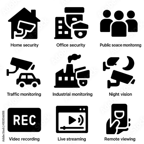 Monitoring security icons: surveillance, night vision, live, remote viewing