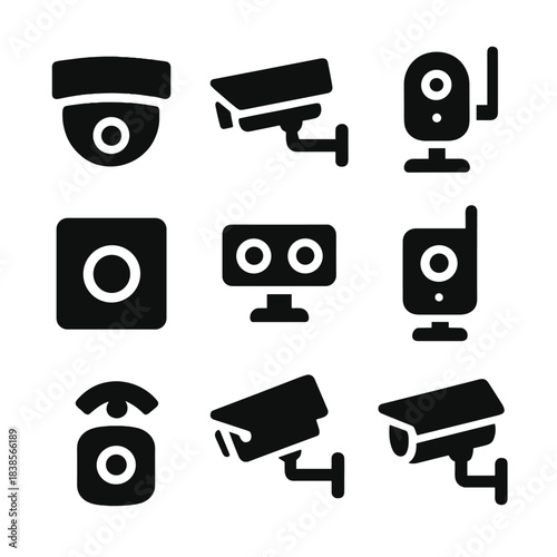 Variety of black security camera icons on gray background