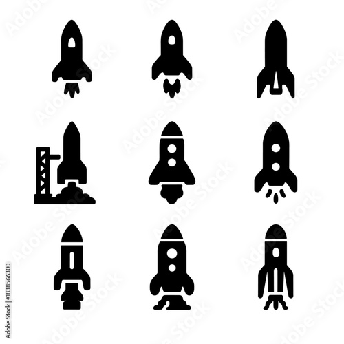 Set of nine black rocket icons on gradient background for technology and science