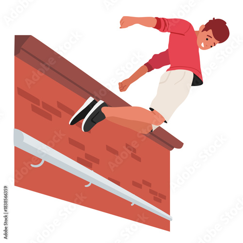 Preteen boy cartoon character jumping from rooftop practicing parkour extreme city sport scene