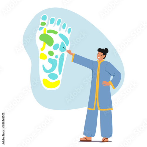 Female Asian doctor representing foot reflexology as Eastern alternative medicine cartoon scene