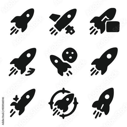 Rocket icons set on dark background for space and technology themes