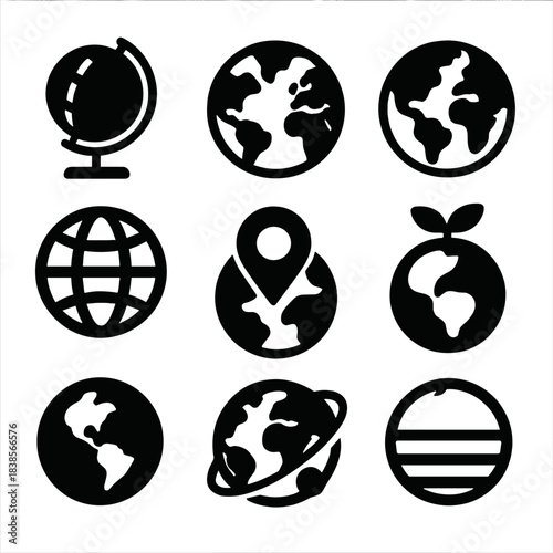 Set of earth icons: globe, world map, and environmental symbols collection